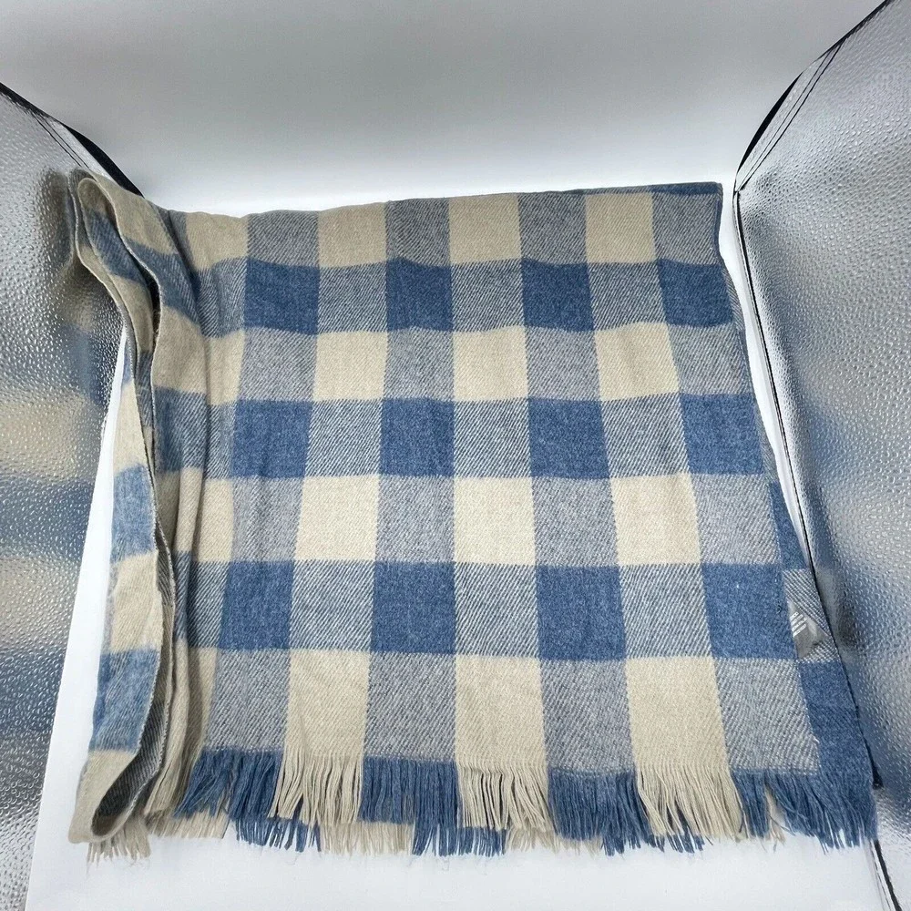 Unisex Fringe Scarf Blue Beige Viscose Plaid Long Rectangular 82 X 24.5 Inches
